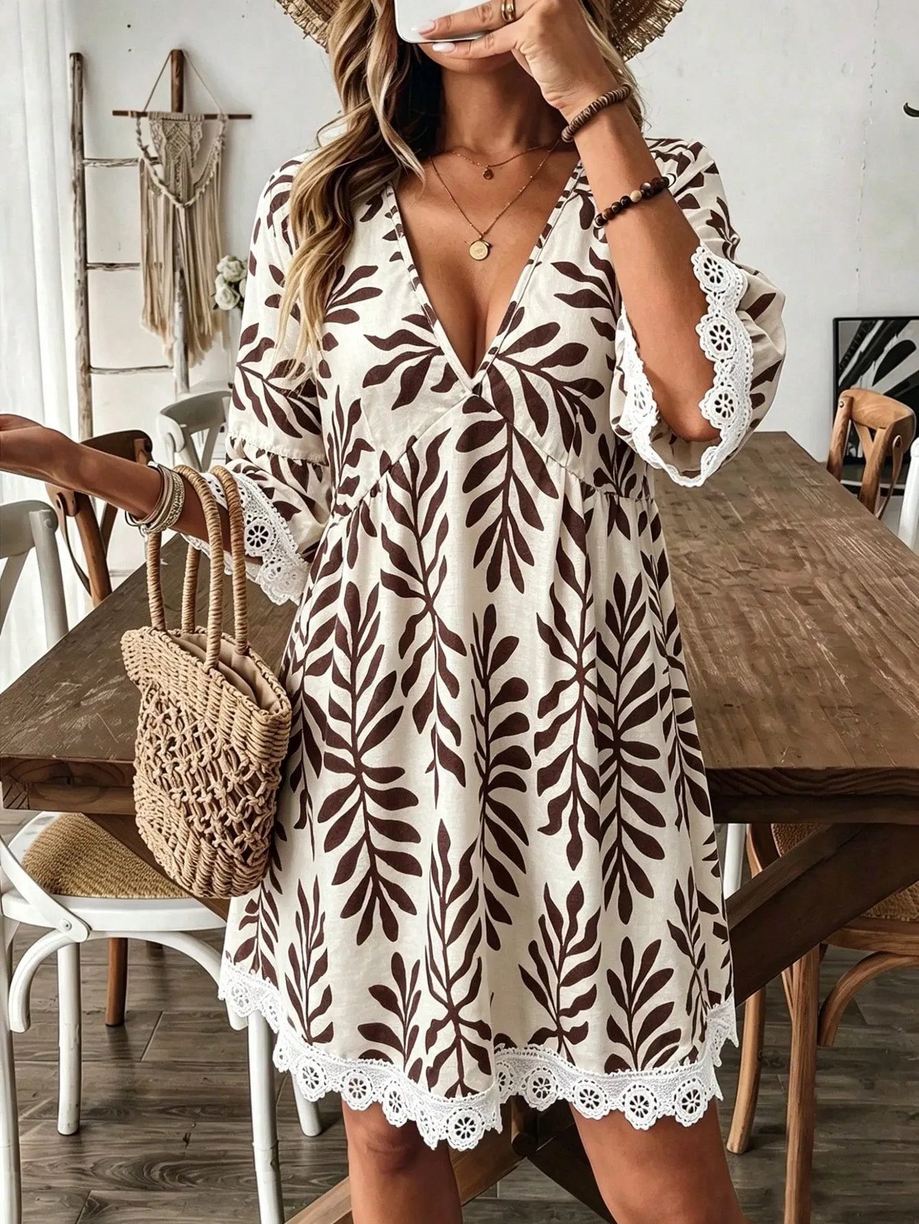 Breezaya Women Striped V-Neck Geometric Pattern Sexy Casual Vacation Khaki Long Sleeve Dress, Elegant For Party