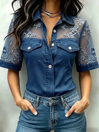 Women's Denim Fabric & Mesh Patchwork Shirt
