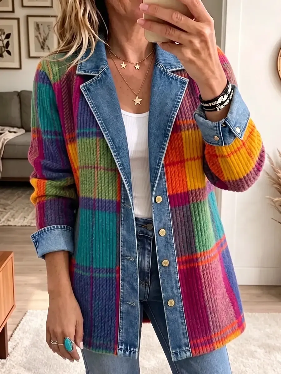 Boho Plaid Corduroy Denim Spliced Jacket