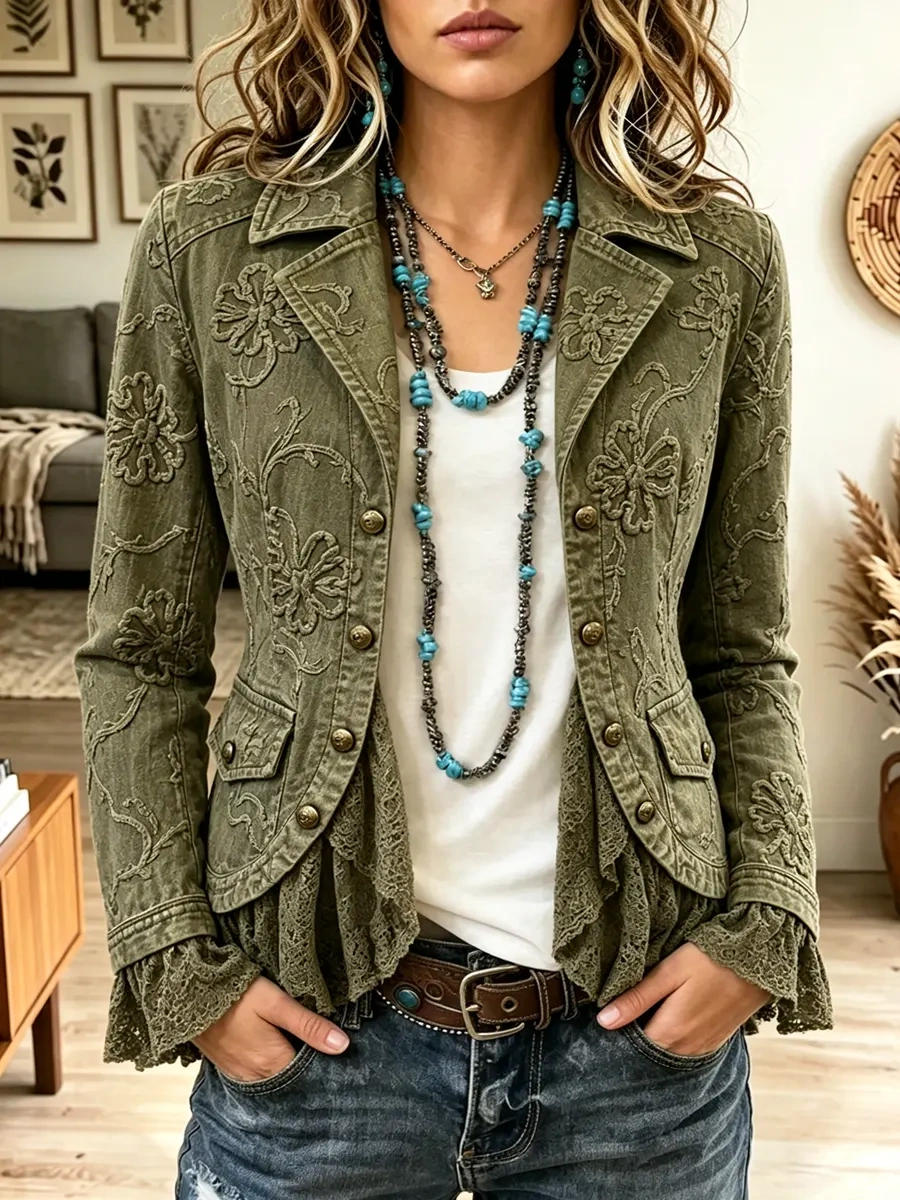 Retro Western Lace Ruffle Floral Pattern Jacket