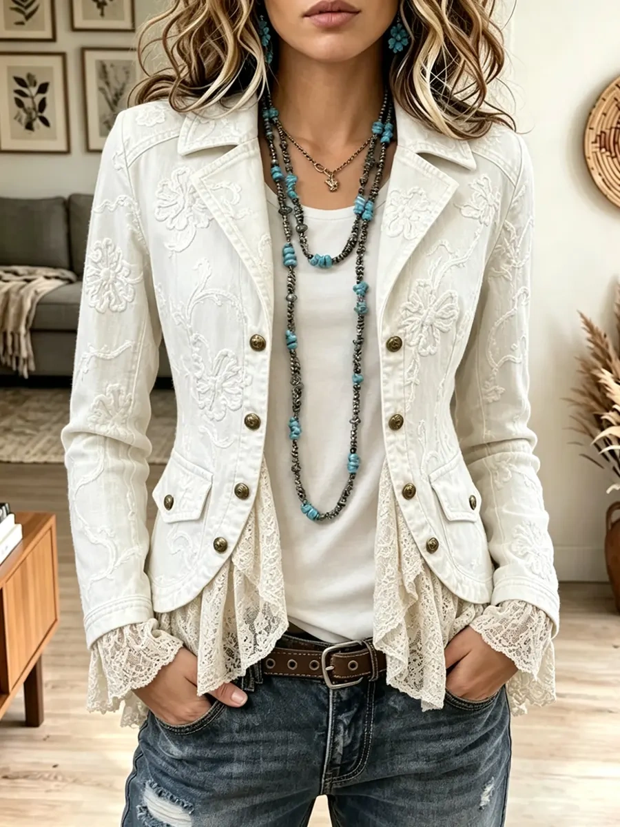 Retro Western Lace Ruffle Floral Pattern Jacket