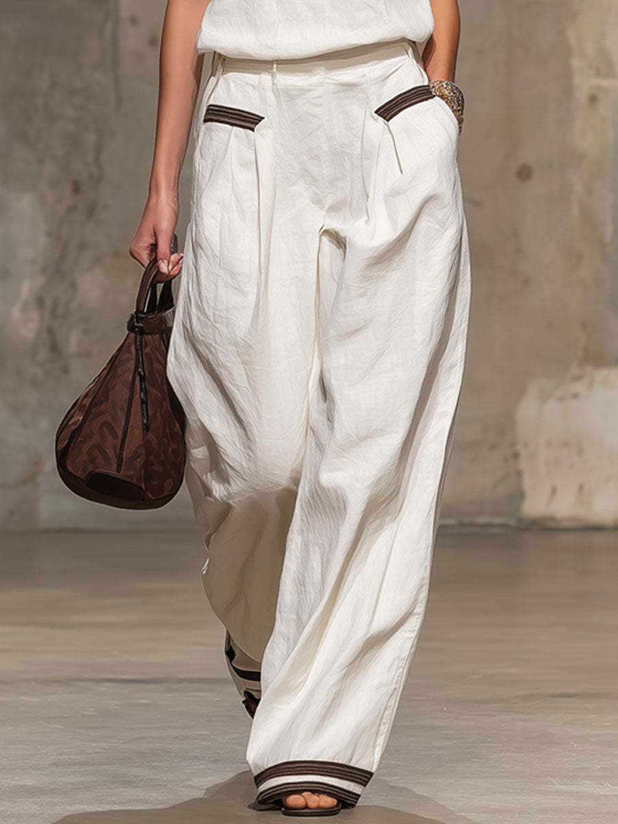 Casual Retro Brown-trimmed White Cotton Linen Sleeveless Top And Pants Set