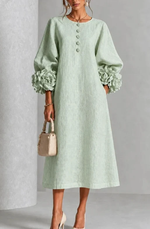 Elegant Blush Pink 3D Rosette Midi Dress