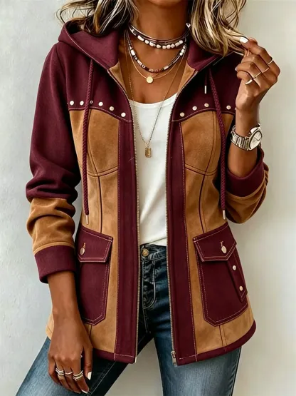 Chic Denim Patchwork Suede Hooded Jacket
