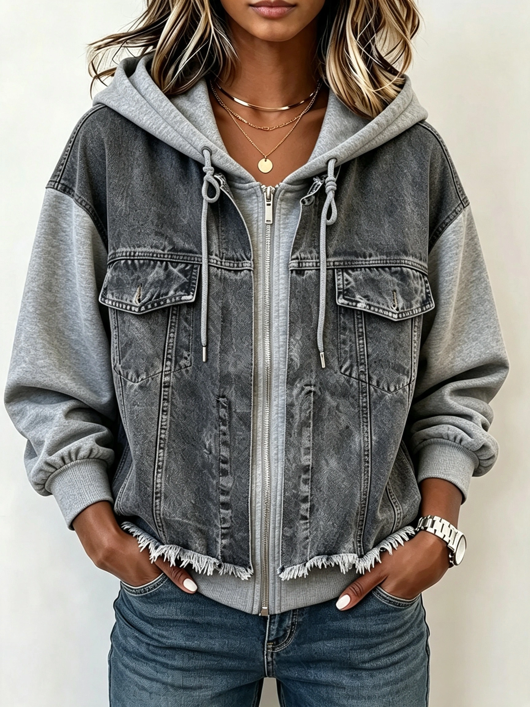 Western Spliced Zip‑Up Denim Hooded Jacket