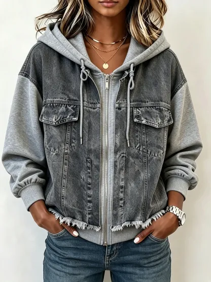 Western Spliced Zip‑Up Denim Hooded Jacket