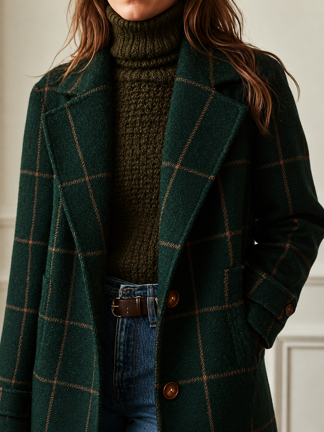 Windowpane Plaid Wool-Blend Coat