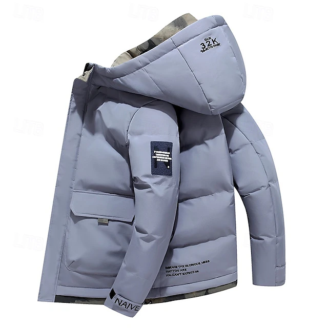 Men's Winter Coat Puffer Jacket Quilted Jacket Padded Hooded Leisure Sports Going out Windproof Fall & Winter Solid / Plain Color Black Blue Khaki Puffer Jacket
