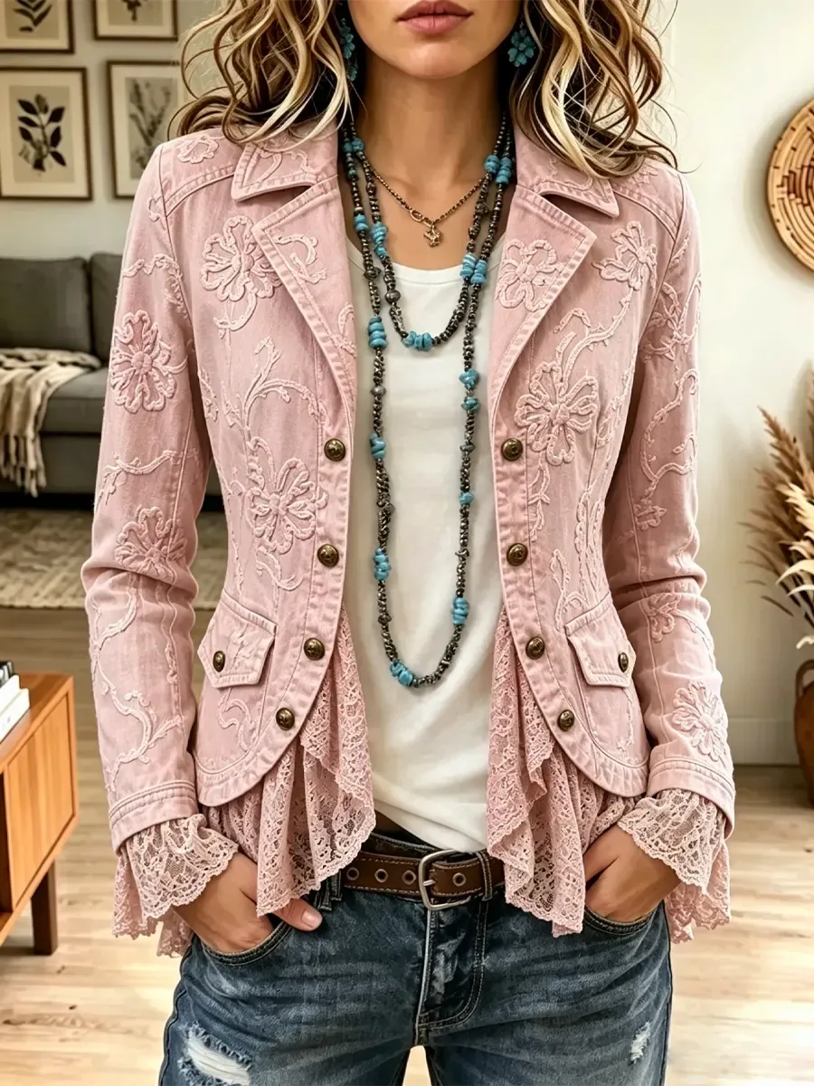 Retro Western Lace Ruffle Floral Pattern Jacket