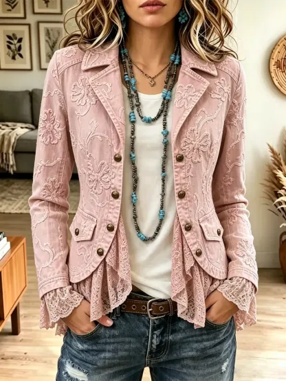 Retro Western Lace Ruffle Floral Pattern Jacket