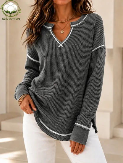 Women's Blouse Cotton Shirt Waffle Knit Tops