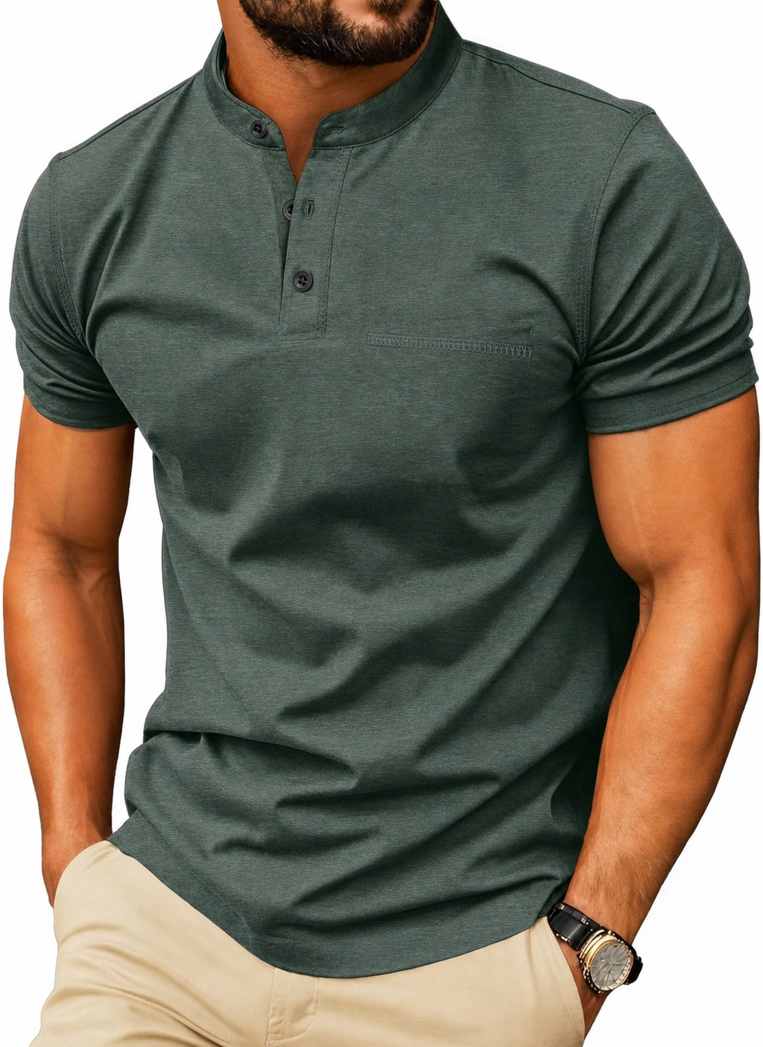 Men's Short Sleeve Cotton-Blend Henley Shirt with Chest Pocket