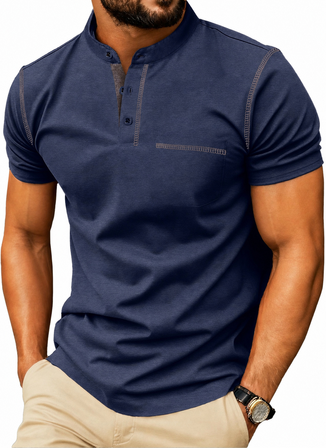Men's Short Sleeve Cotton-Blend Henley Shirt with Chest Pocket