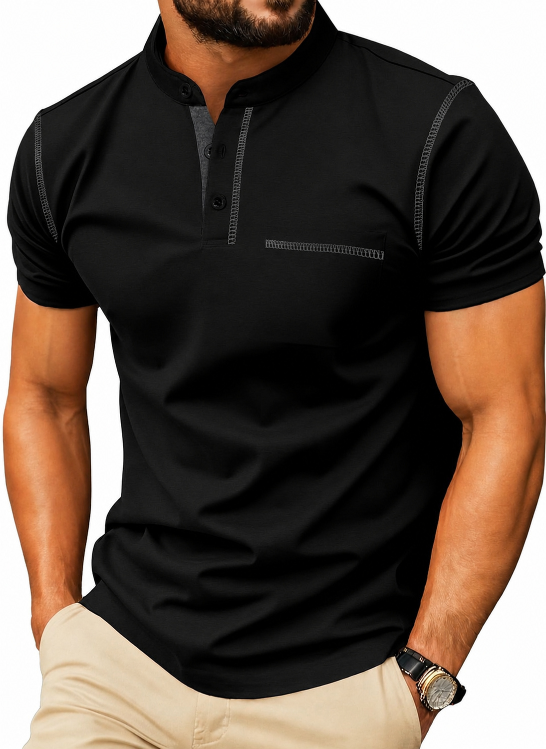 Men's Short Sleeve Cotton-Blend Henley Shirt with Chest Pocket