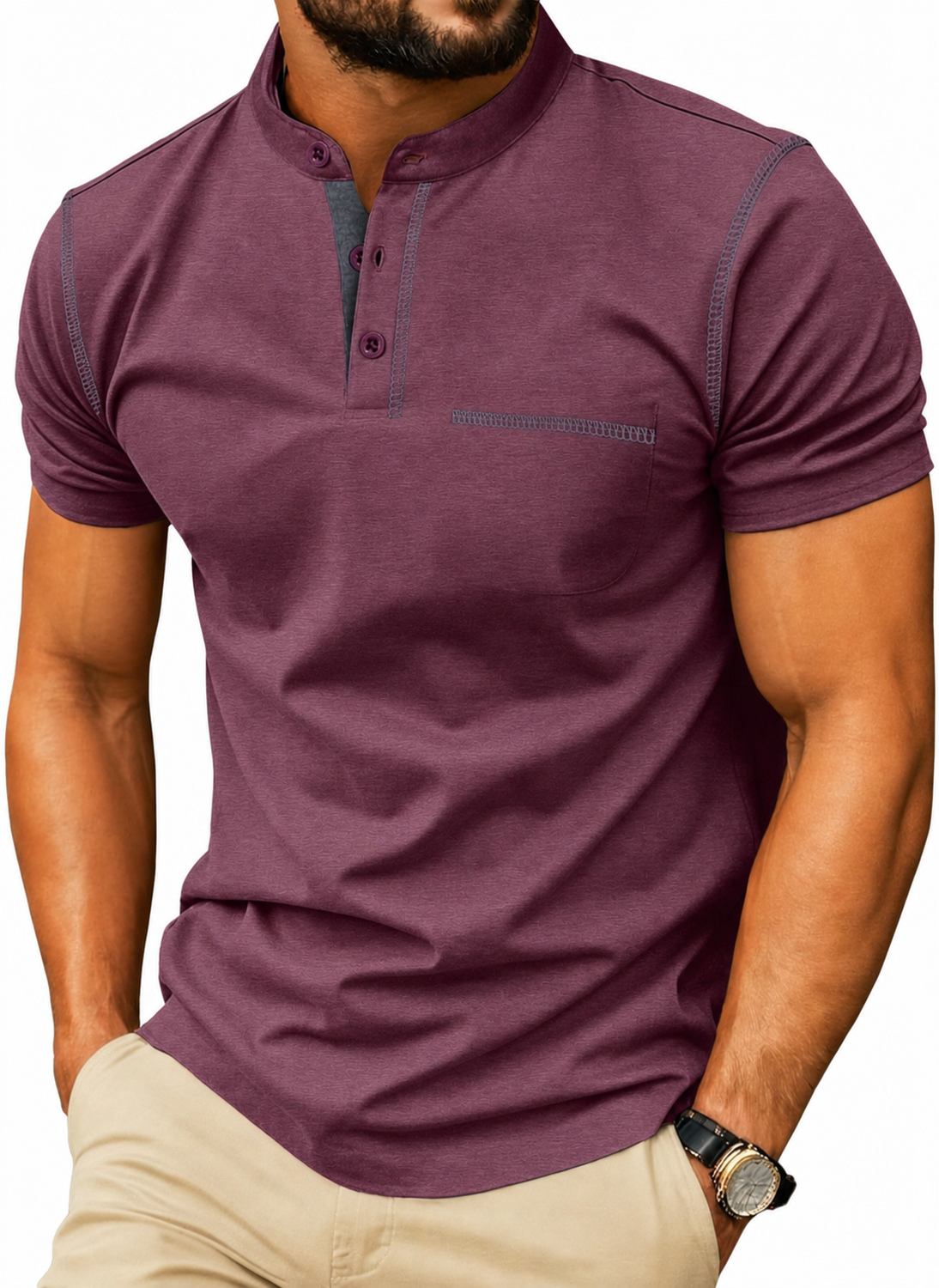 Men's Short Sleeve Cotton-Blend Henley Shirt with Chest Pocket