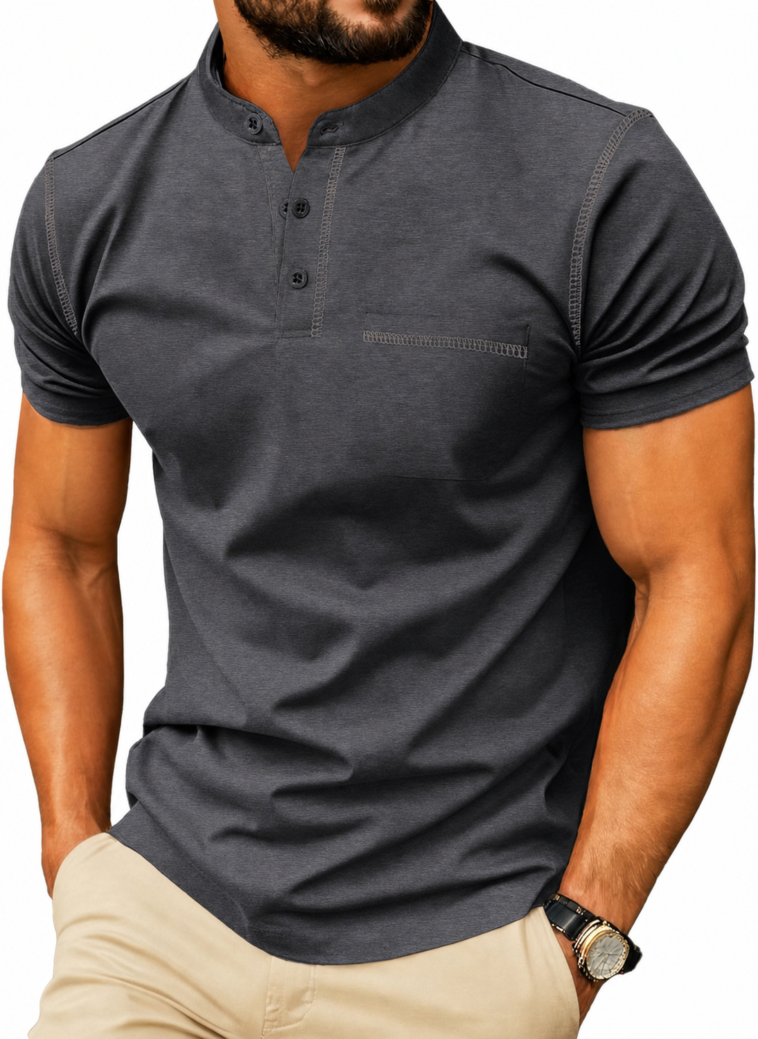 Men's Short Sleeve Cotton-Blend Henley Shirt with Chest Pocket
