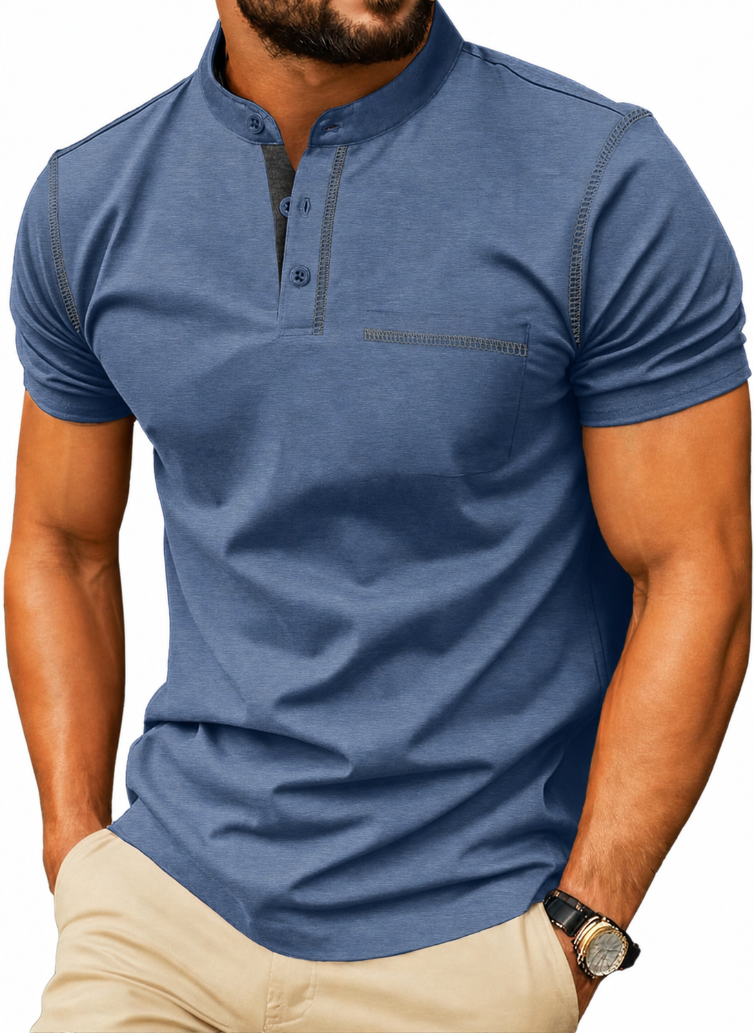 Men's Short Sleeve Cotton-Blend Henley Shirt with Chest Pocket