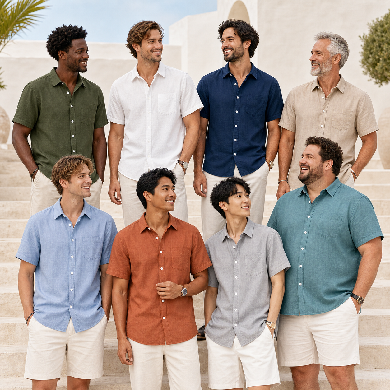 8 men wearing the same button-up shirt in different colors