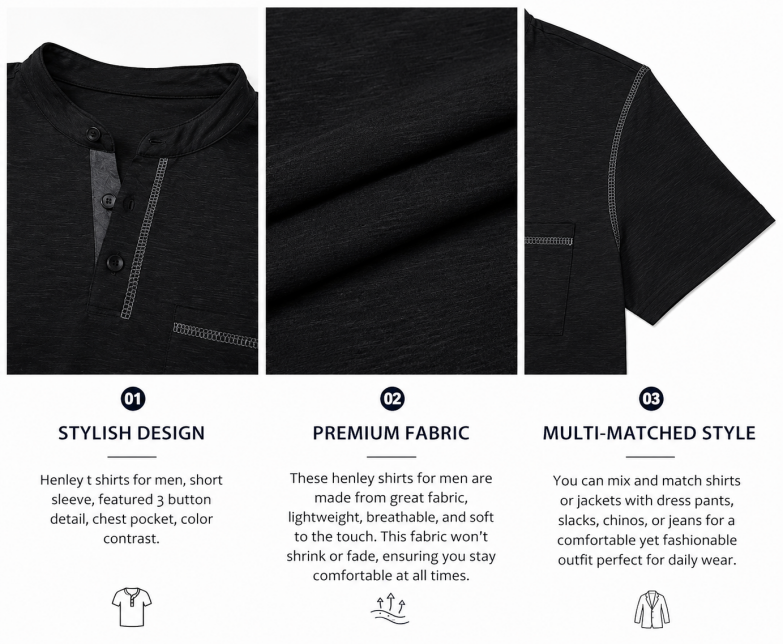 Band collar, placket, and chest pocket detail