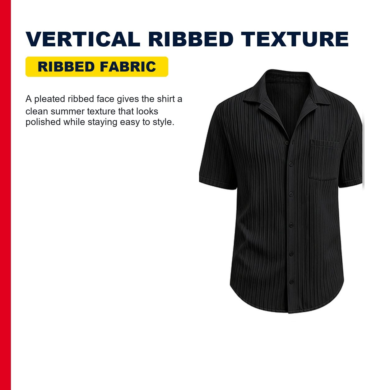 Pack & Save Men's Ribbed Short Sleeve Shirt, Pleated Camp Collar Casual Button-Up Summer Shirt