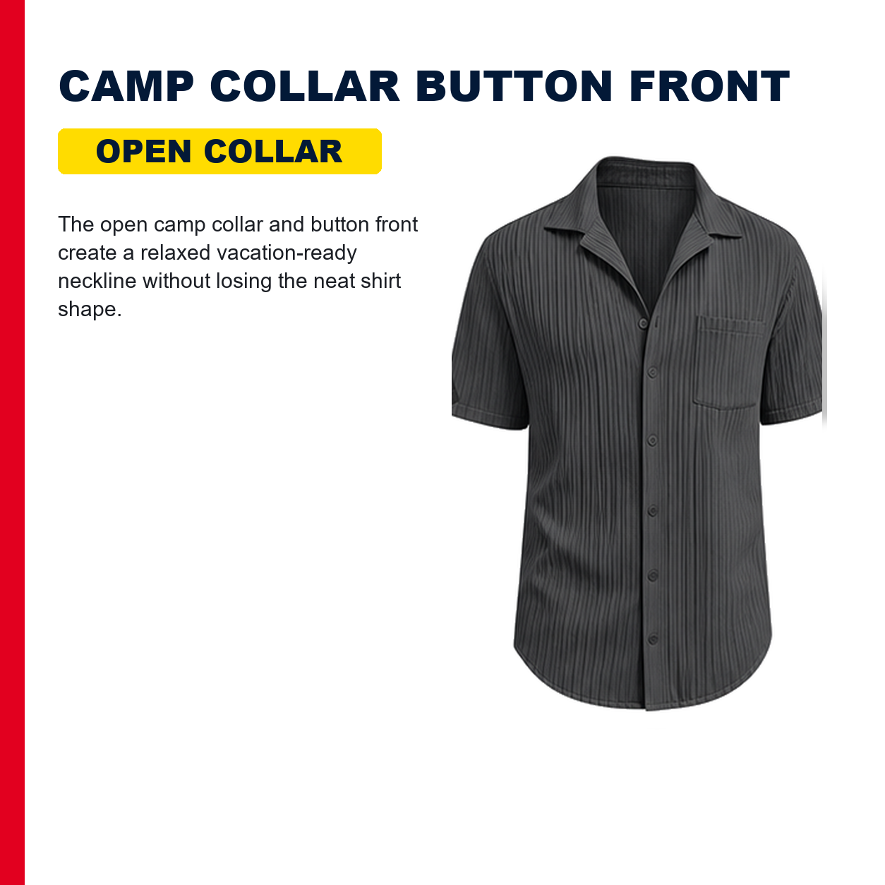 Pack & Save Men's Ribbed Short Sleeve Shirt, Pleated Camp Collar Casual Button-Up Summer Shirt