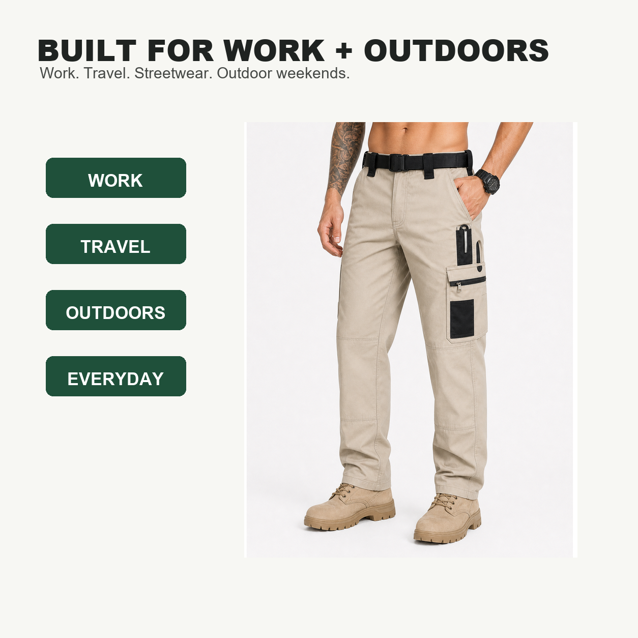 Pack & Save Men's Lightweight Tactical Cargo Pants, Black Belt Utility Work Pants with Multi-Pocket Storage