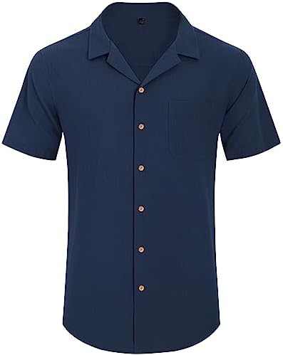 Men's cotton-linen Cuban collar shirt - Navy Blue - 2XL