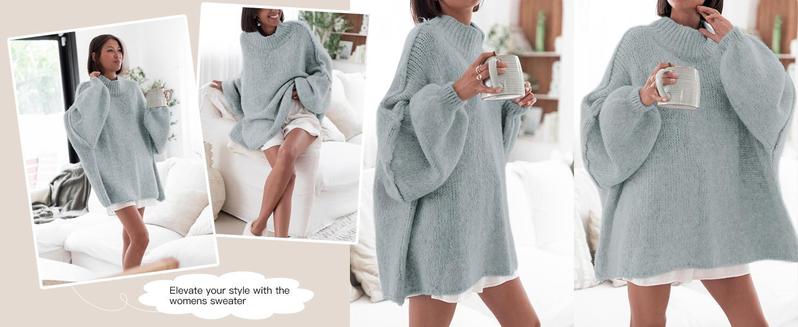 Ebifin【Oversized】Womens Sweaters Mock Neck Batwing Long Sleeve Fall Trendy Ribbed Knit Casual Tunic Sweater