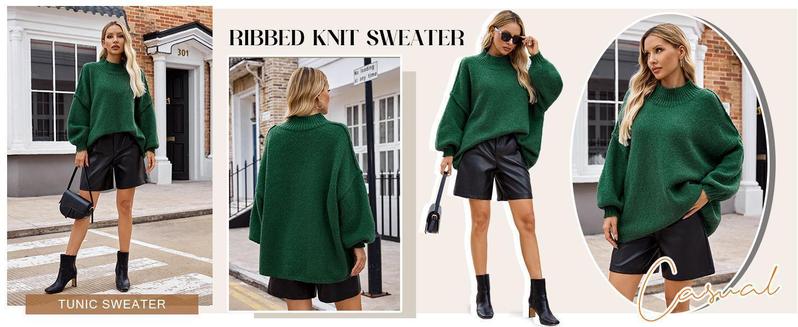 Ebifin【Oversized】Womens Sweaters Mock Neck Batwing Long Sleeve Fall Trendy Ribbed Knit Casual Tunic Sweater