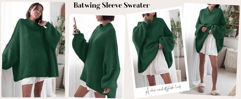 Ebifin【Oversized】Womens Sweaters Mock Neck Batwing Long Sleeve Fall Trendy Ribbed Knit Casual Tunic Sweater