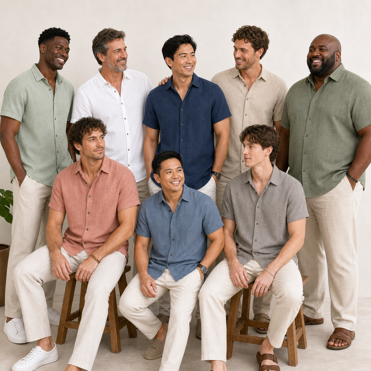 8 adult men wearing the same cotton linen short sleeve shirt in different colors