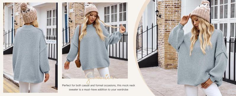 Ebifin【Oversized】Womens Sweaters Mock Neck Batwing Long Sleeve Fall Trendy Ribbed Knit Casual Tunic Sweater