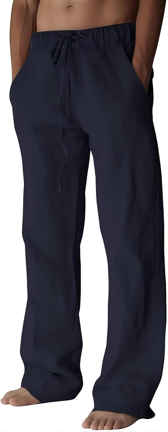 Mens Cotton Linen Pants, Summer Beach Pants Casual Loose Fit with Elastic Waist Drawstring