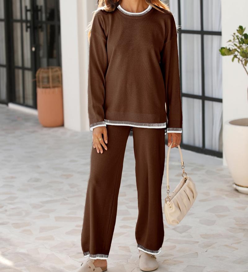 DUTUT Women's 2-Piece Sets Spring Outfits Chic Comfortable Elastic Loungewear Crew Neck Pajama Matching Sweatsuit Set Casual Sweater High Waist Loose Fit Soft Stretchy Fabric Viscose Homewear Pjs