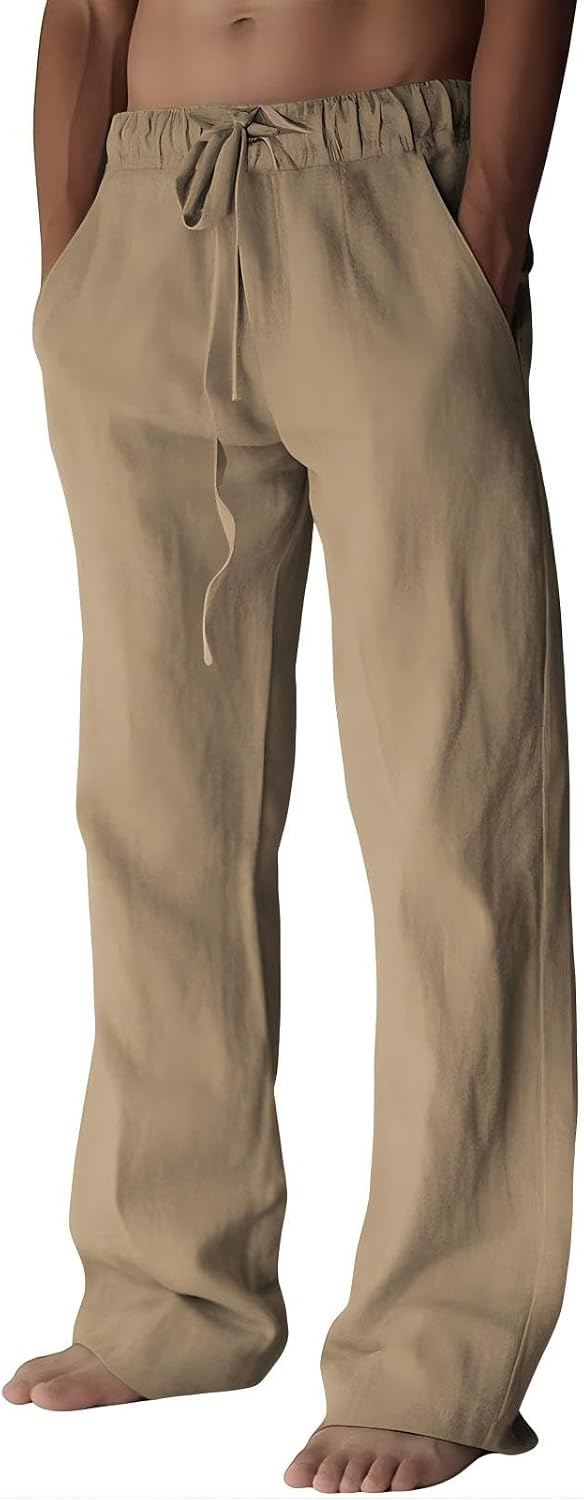 Mens Cotton Linen Pants, Summer Beach Pants Casual Loose Fit with Elastic Waist Drawstring