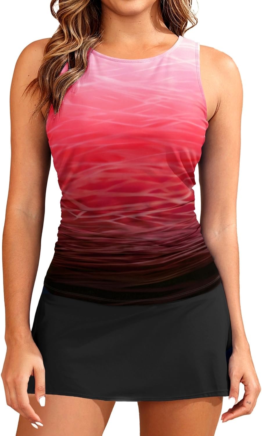 Womens Tankini Swimsuits with Skirt - Two Piece Tummy Control Bathing Suits High Neck Swimwear