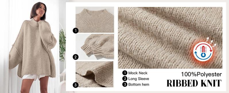 Ebifin【Oversized】Womens Sweaters Mock Neck Batwing Long Sleeve Fall Trendy Ribbed Knit Casual Tunic Sweater