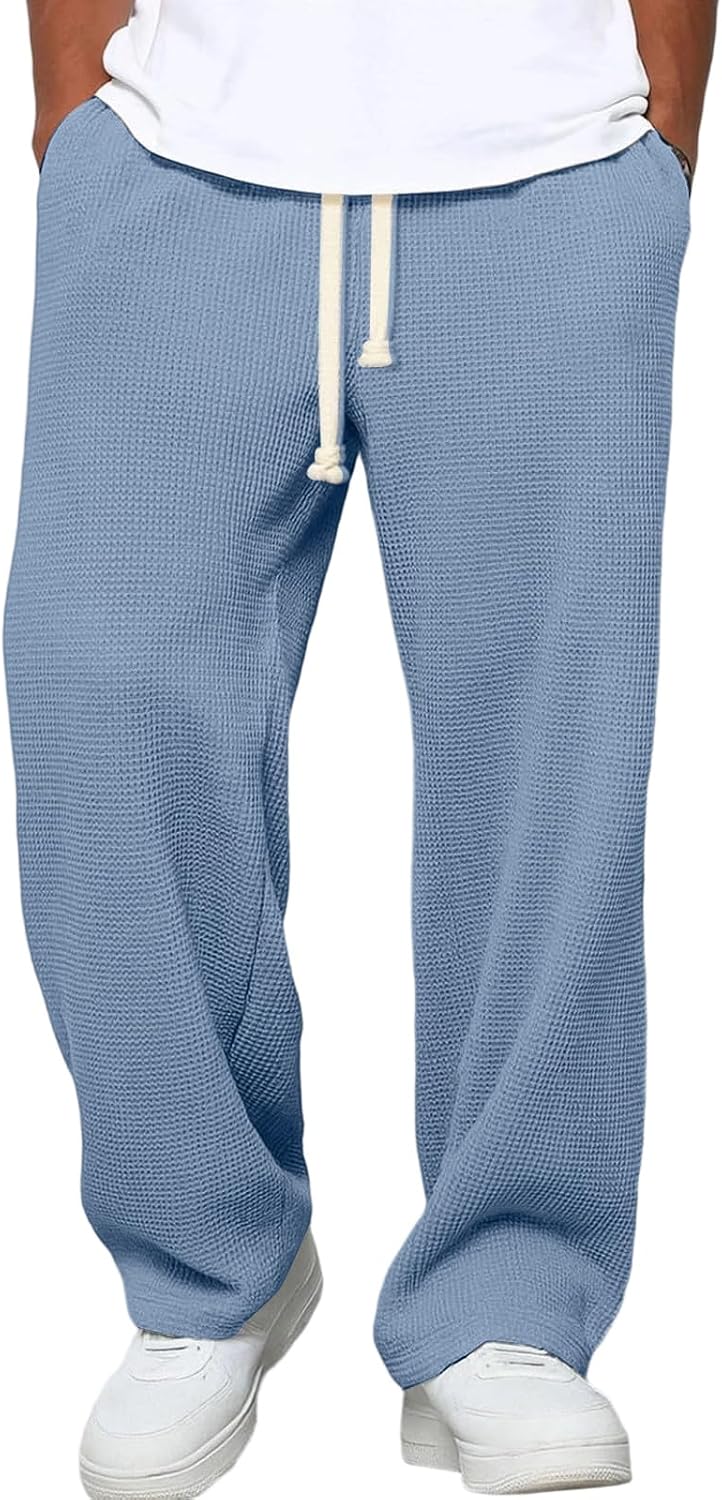 Waffle Pants Men Drawstring Wide Leg Baggy Waffle Sweatpants Lightweight Breathable Hiking Mens Lounge Pants