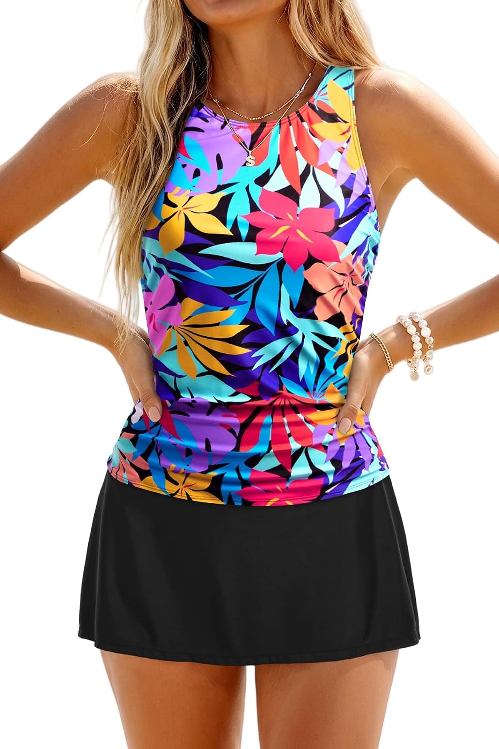 Womens Tankini Swimsuits with Skirt - Two Piece Tummy Control Bathing Suits High Neck Swimwear