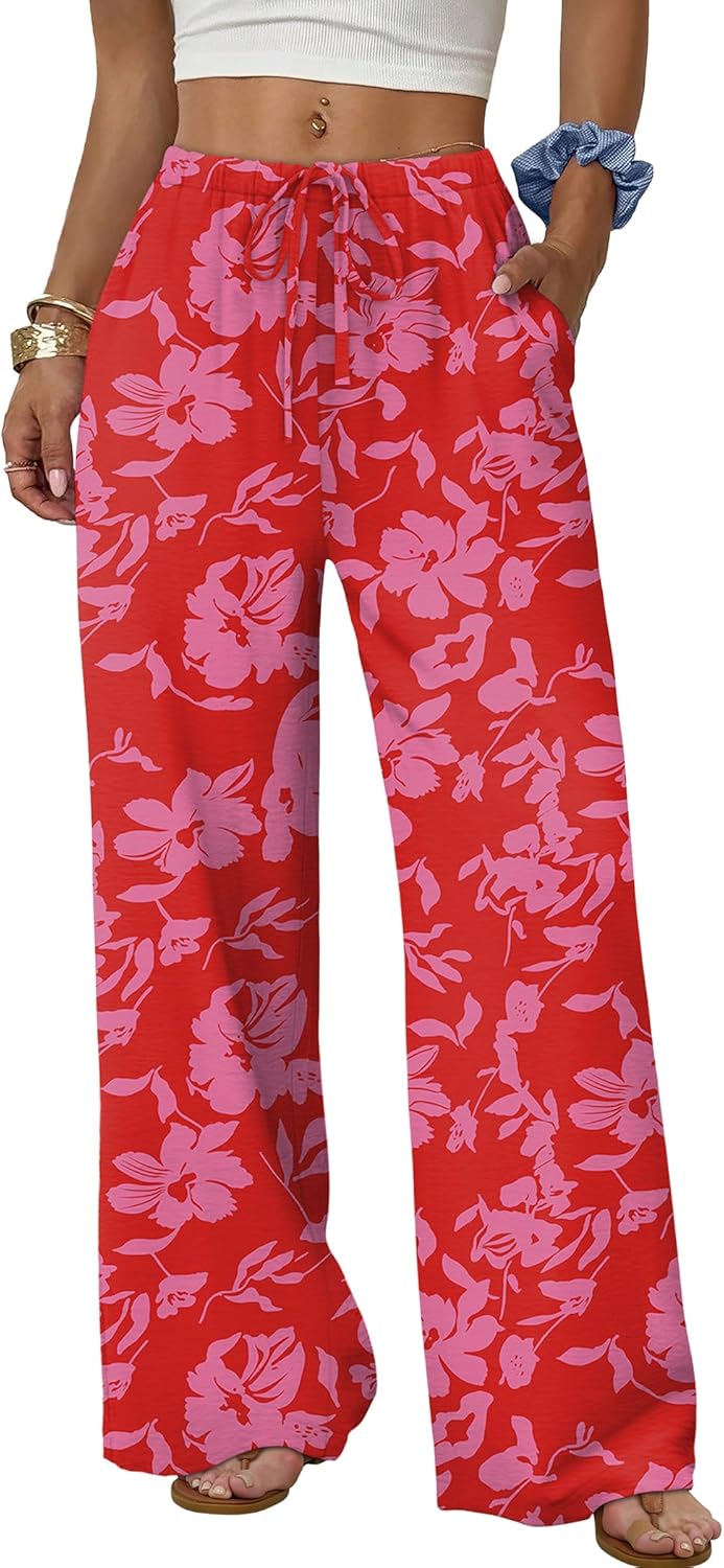 Wide Leg Pants for Women Flowy Palazzo Drawstring Elastic Waist Trousers with Pockets Summer Beach Vacation Clothes