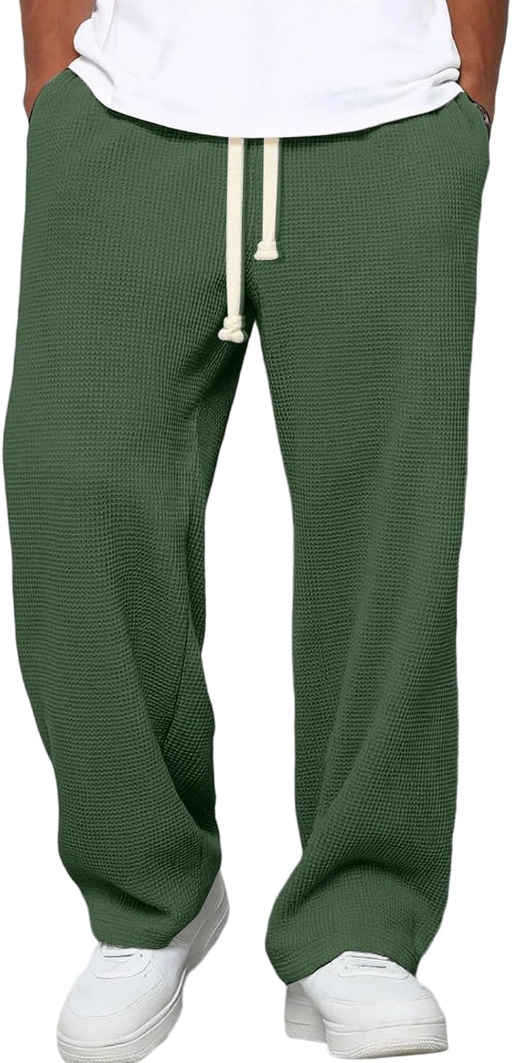 Waffle Pants Men Drawstring Wide Leg Baggy Waffle Sweatpants Lightweight Breathable Hiking Mens Lounge Pants