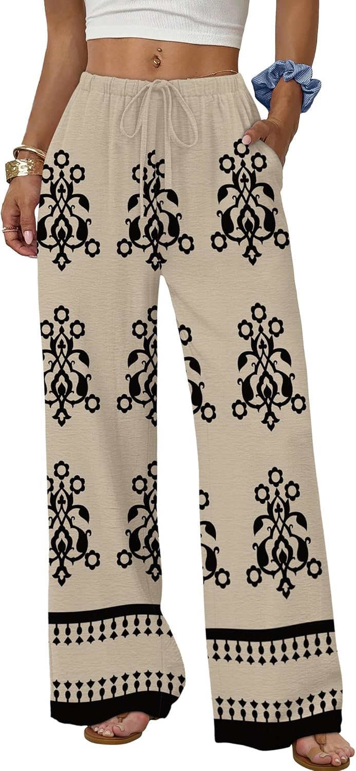 Wide Leg Pants for Women Flowy Palazzo Drawstring Elastic Waist Trousers with Pockets Summer Beach Vacation Clothes