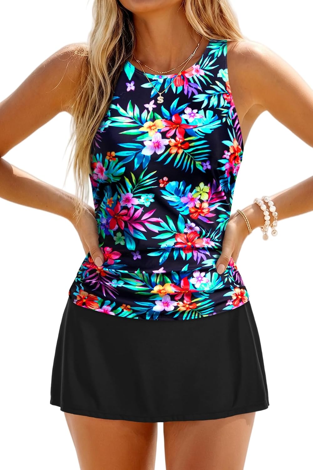 Womens Tankini Swimsuits with Skirt - Two Piece Tummy Control Bathing Suits High Neck Swimwear