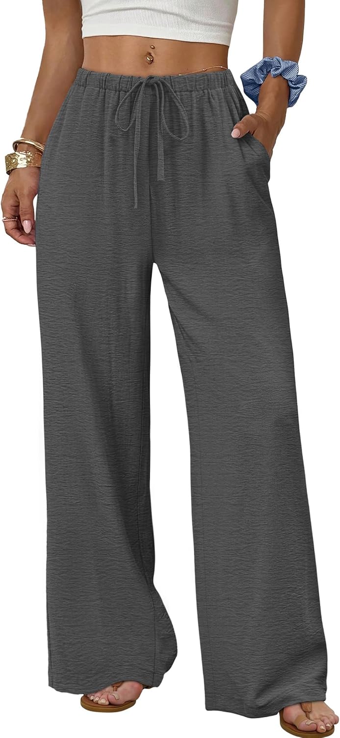 Wide Leg Pants for Women Flowy Palazzo Drawstring Elastic Waist Trousers with Pockets Summer Beach Vacation Clothes