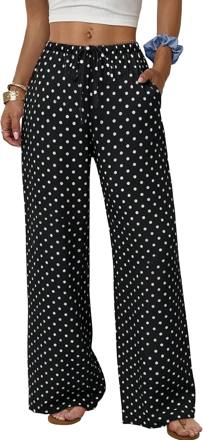 Wide Leg Pants for Women Flowy Palazzo Drawstring Elastic Waist Trousers with Pockets Summer Beach Vacation Clothes