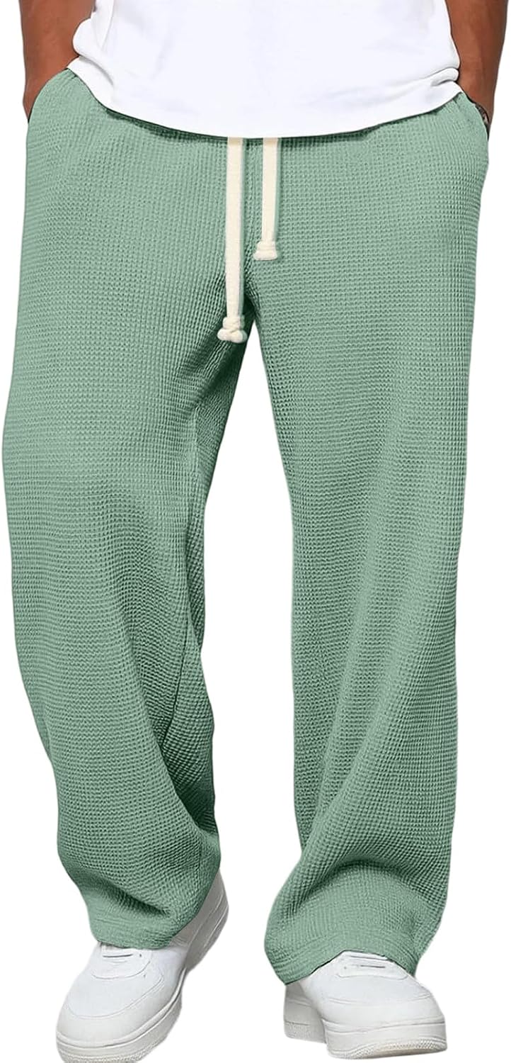 Waffle Pants Men Drawstring Wide Leg Baggy Waffle Sweatpants Lightweight Breathable Hiking Mens Lounge Pants