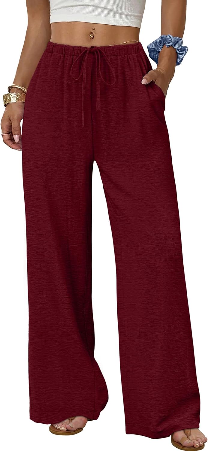 Wide Leg Pants for Women Flowy Palazzo Drawstring Elastic Waist Trousers with Pockets Summer Beach Vacation Clothes