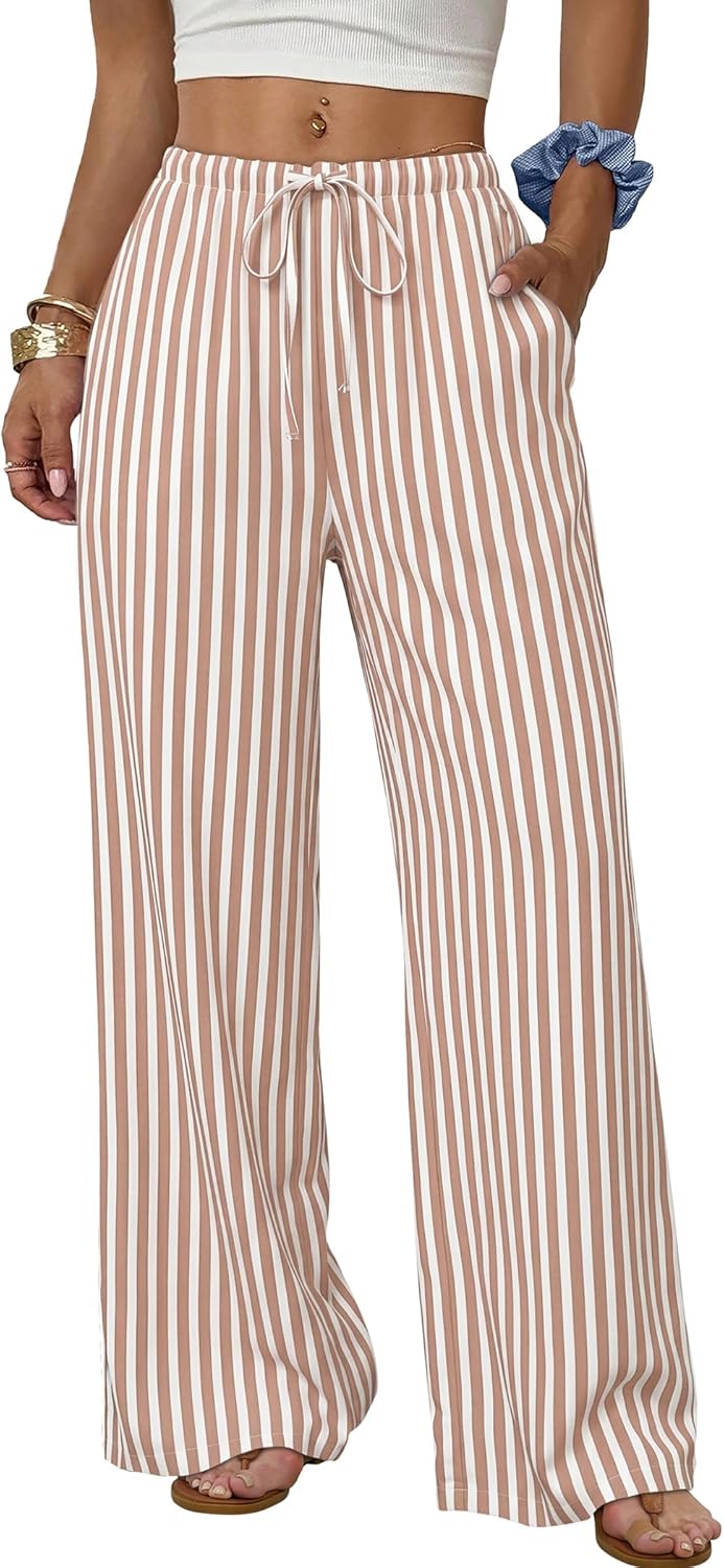 Wide Leg Pants for Women Flowy Palazzo Drawstring Elastic Waist Trousers with Pockets Summer Beach Vacation Clothes
