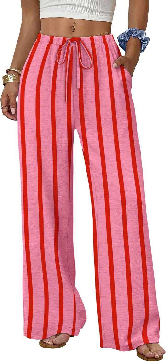 Wide Leg Pants for Women Flowy Palazzo Drawstring Elastic Waist Trousers with Pockets Summer Beach Vacation Clothes