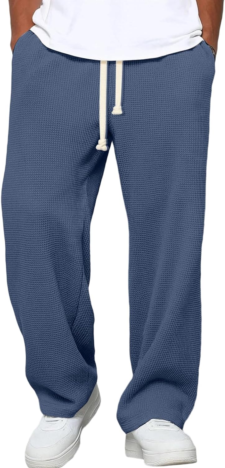 Waffle Pants Men Drawstring Wide Leg Baggy Waffle Sweatpants Lightweight Breathable Hiking Mens Lounge Pants
